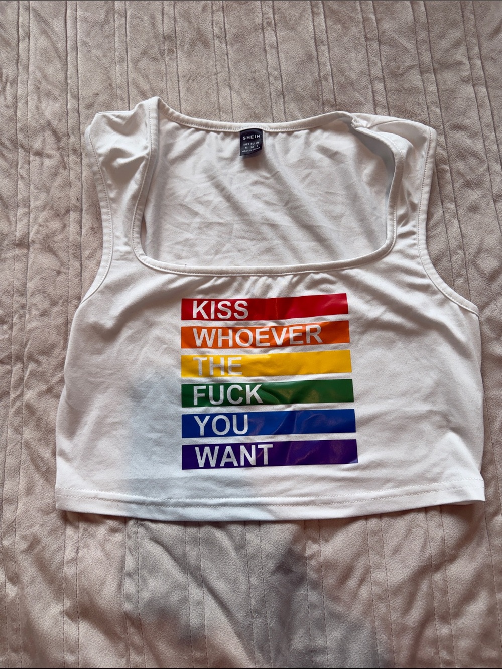 SHEIN White Crop Top with Rainbow Text Stripes